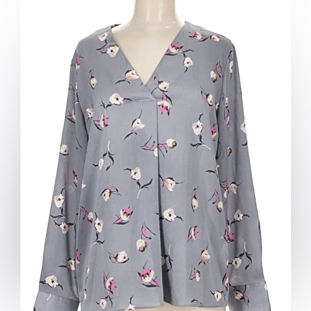 Banana Republic Floral V-Neck Blouse - Soft Gray and Pink